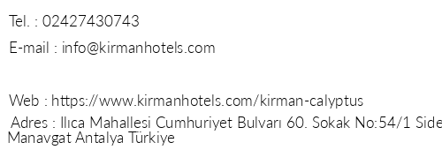 Kirman Calyptus Resort & Spa telefon numaralar, faks, e-mail, posta adresi ve iletiim bilgileri